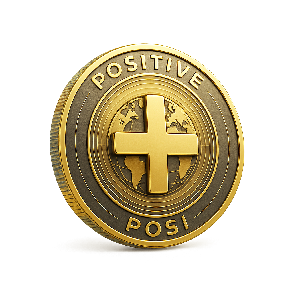 POSITIVE (POSI) coin — golden flat Earth with a positive charge symbol
